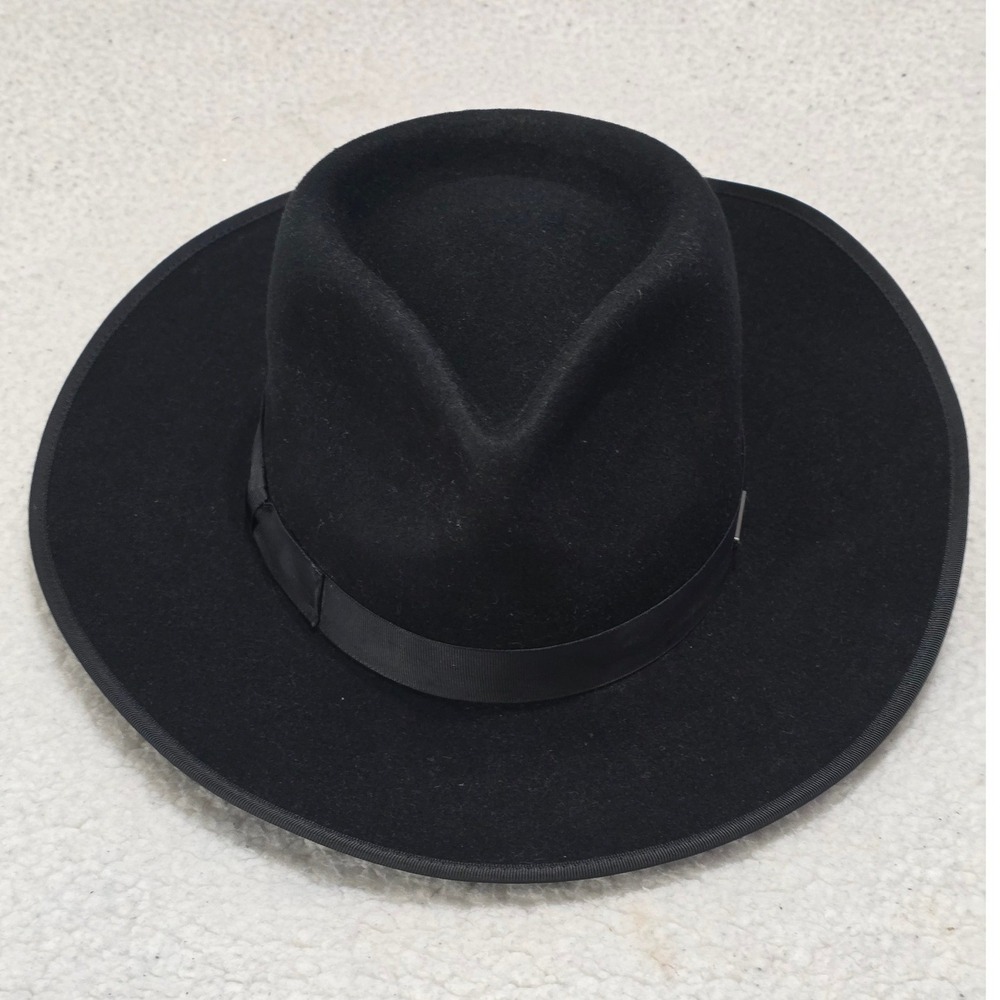 Gigi Pip Black 100% Australian Wool Felt Fedora Hat Wide Brim M/L 59cm